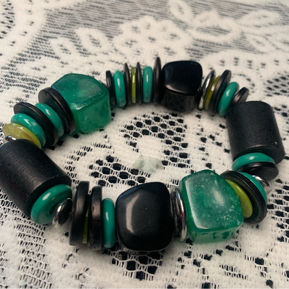 Chunky Mixed Media Vintage Stretch Bracelet Green Black Wood Faux Stone Thick